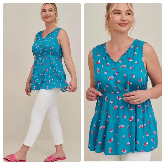 torrid Tops - Torrid Watermelon Rayon Slub Button-Front Tiered Tank Tank Top Plus Size 2 2X